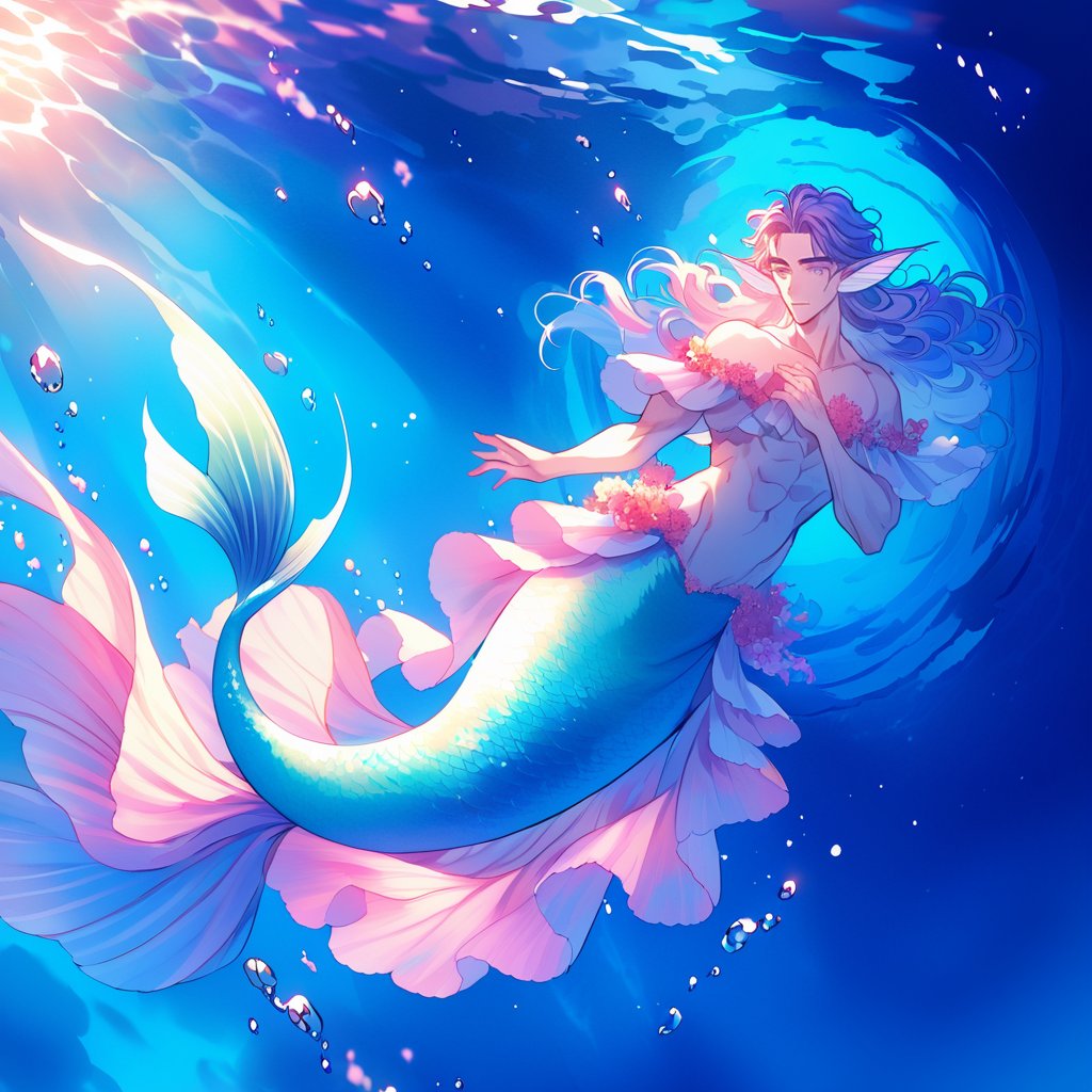 ((best quality)), ((masterpiece)), (detailed), ((perfect face)), male, broad shouldered men, adult, european handsome faces, ((two mermen)), two cheerful mermen are swimming, two merfolks, full bodies, adult, long hair, lean and huge muscular body, finned ears, fins, tail glows slightly with luminous scales, very long mermaid tails, bioluminescent, markings along his body, bright saturated, multicolor, coloring in anime style, interesting seascape, fish, corals, beautiful turquoise clear water, light penetrating through the water, perfect light, anime,watercolor