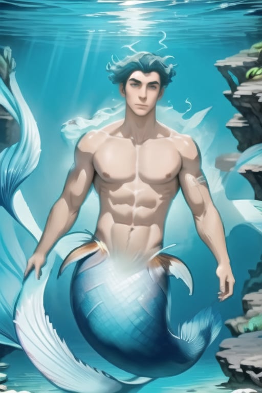 ((best quality)), ((masterpiece)), (detailed),  ((perfect face)), male, mermen are swimming, merfolks, lean and muscular body, Long finned ears, fins, tail glows slightly with luminous scales, mermaid tail, bioluminescent, markings along his body,watercolor,perfect light, wonderful background,,<lora:659111690174031528:1.0>