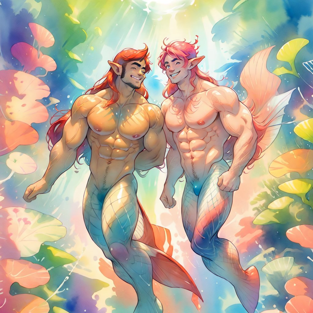  ((best quality)), ((masterpiece)), (detailed), ((perfect face)), male, two happy mermen are swimming, two merfolks, adult, long hair, lean and muscular body, finned ears, fins, tail glows slightly with luminous scales, very long mermaid tails, bioluminescent, markings along his body,watercolor, multicolor, perfect light,portrait,CrclWc