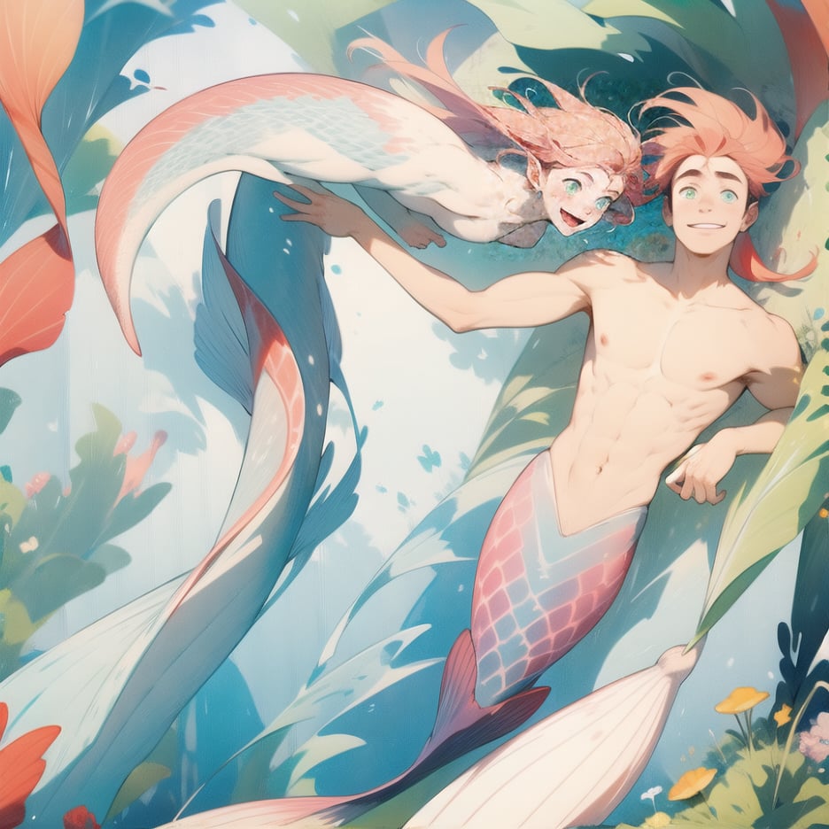 ((best quality)), ((masterpiece)), (detailed), ((perfect face)), male, two cheerful mermen are swimming, two merfolks, adult, long hair, lean and muscular body, finned ears, fins, tail glows slightly with luminous scales, very long mermaid tails, bioluminescent, markings along his body,watercolor, multicolor, perfect light