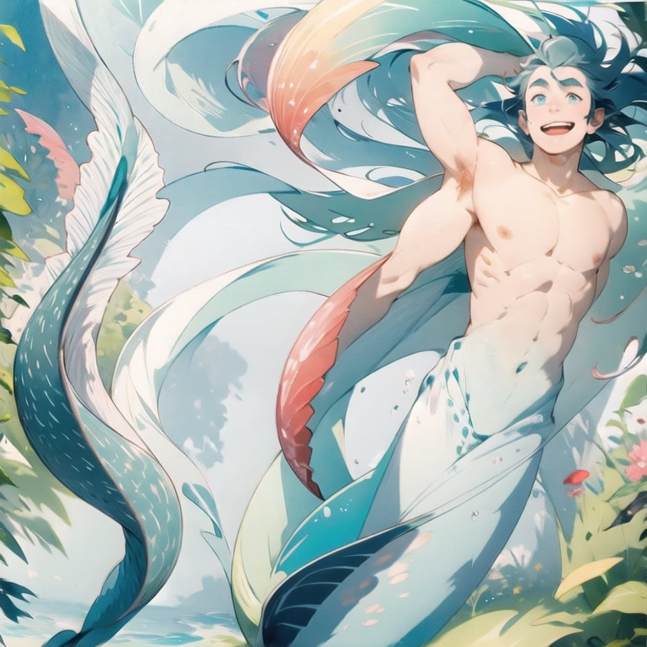 ((best quality)), ((masterpiece)), (detailed), ((perfect face)), male, two cheerful mermen are swimming, two merfolks, adult, long hair, lean and muscular body, finned ears, fins, tail glows slightly with luminous scales, very long mermaid tails, bioluminescent, markings along his body,watercolor, multicolor, perfect light