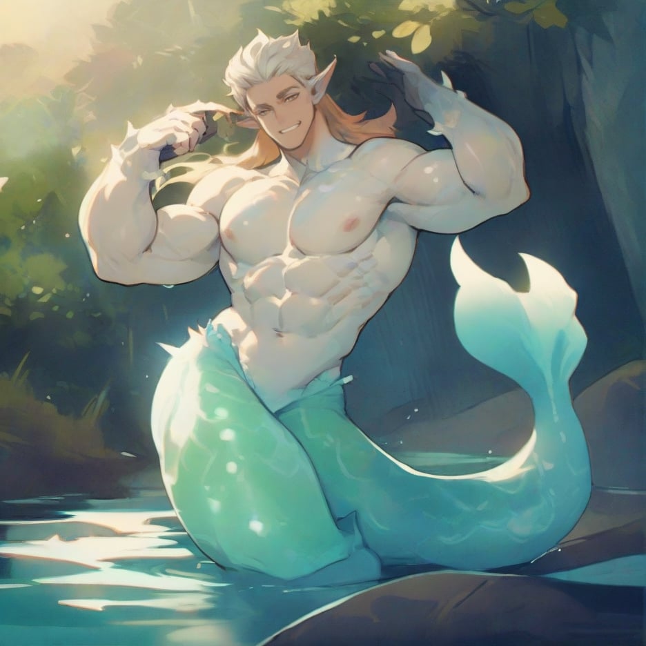 ((best quality)), ((masterpiece)), (detailed), ((perfect face)), male, full bodies, body builder men, huge muscular, european handsome face, two cheerful mermen are swimming, two merfolks, adult, long hair, lean and muscular body, finned ears, fins, tail glows slightly with luminous scales, very long mermaid tails, bioluminescent, markings along his body,watercolor, multicolor, perfect light