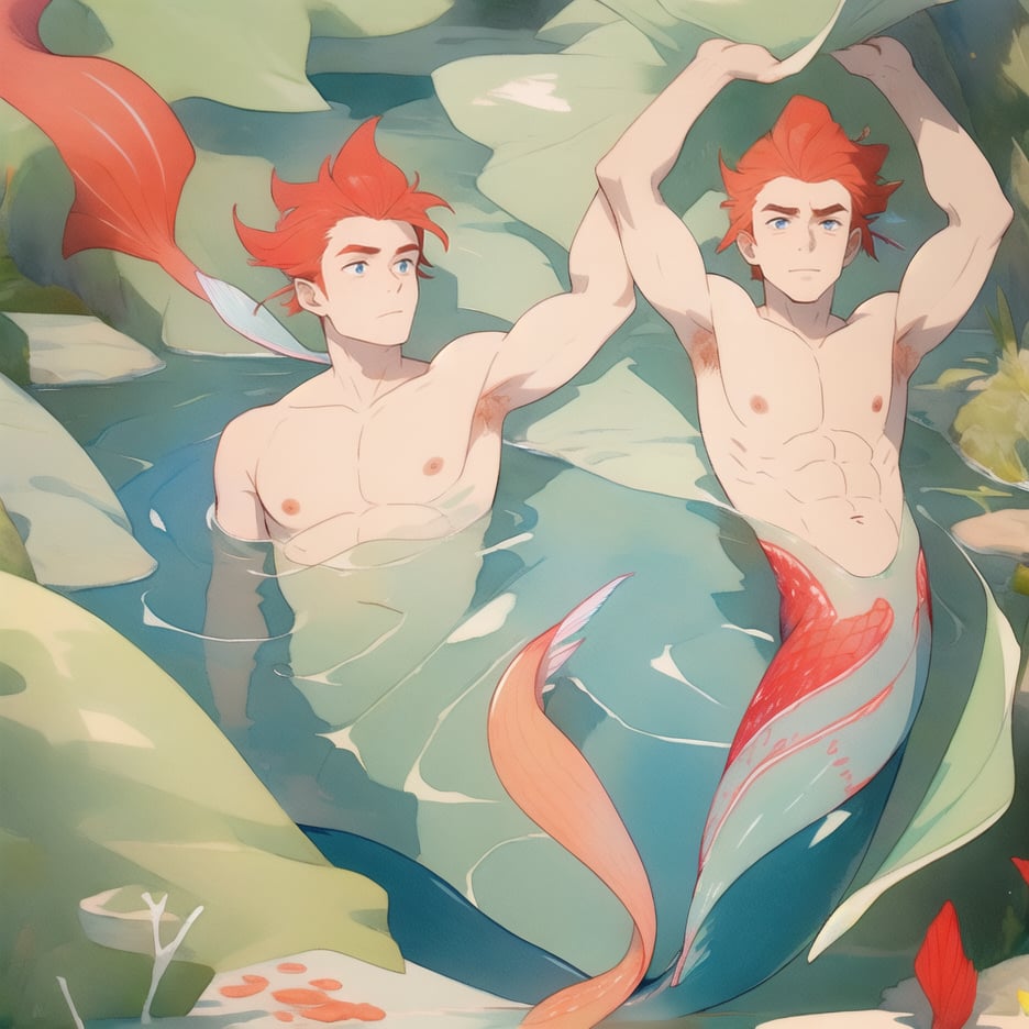 ((best quality)), ((masterpiece)), (detailed), ((perfect face)), male, two mermen are swimming, two merfolks, lean and muscular body, finned ears, fins, tail glows slightly with luminous scales, very long mermaid tail, bioluminescent, markings along his body,watercolor,perfect light,Granat