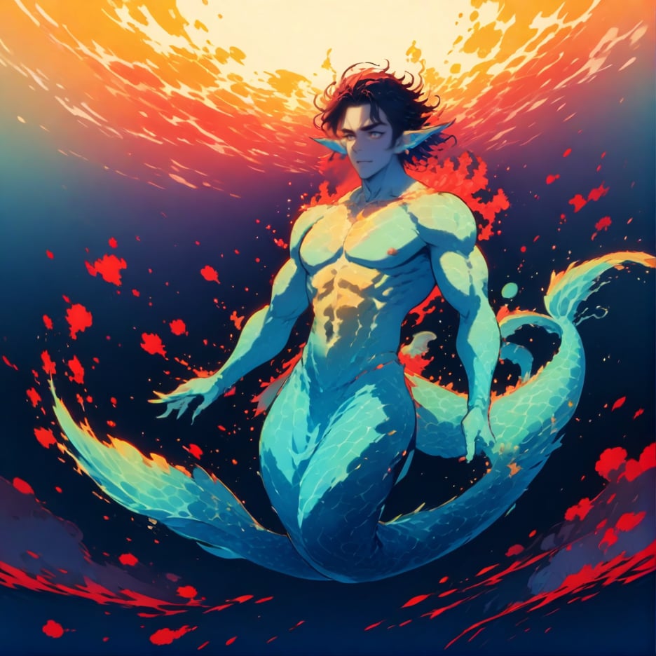 ((best quality)), ((masterpiece)), (detailed), ((perfect face)), male, full bodies, broad shouldered men, european handsome face, two cheerful mermen are swimming, adult, lean and muscular body, finned ears, fins, tail glows slightly with luminous scales, very long mermaid tails, bioluminescent, markings along his body,watercolor, multicolor, perfect light,<lora:659095807385103906:1.0>,<lora:659095807385103906:1.0>