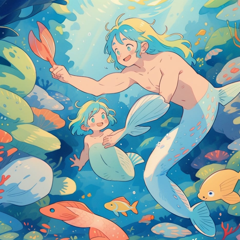 ((best quality)), ((masterpiece)), (detailed), ((perfect face)), male, two cheerful mermen are swimming, two merfolks, adult, long hair, lean and muscular body, finned ears, fins, tail glows slightly with luminous scales, very long mermaid tails, bioluminescent, markings along his body,watercolor, multicolor, perfect light