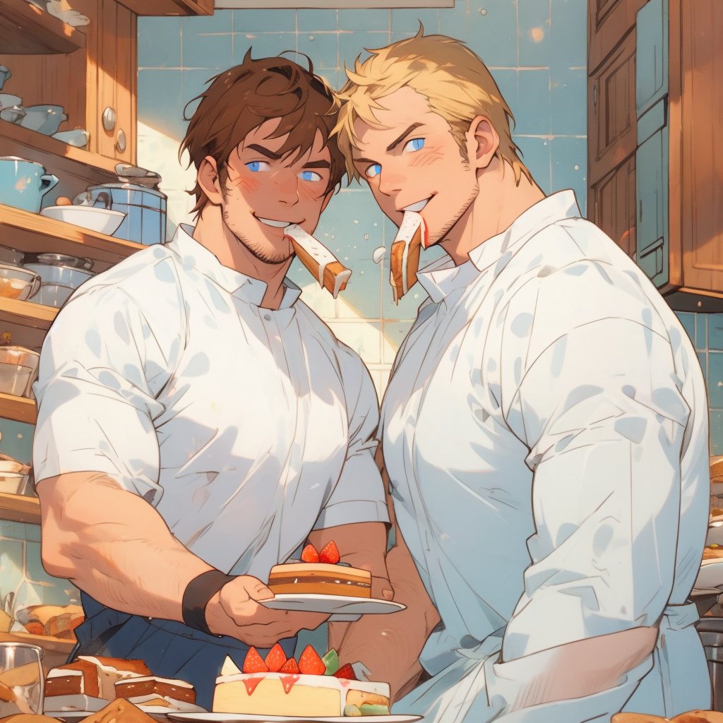 two men (two male), the one man has dark brown (dark hair) long hair, the other man character has short blond hair, blue eyes, they are eating cake, comfortable kitchen, motning, light color predominates, mature, handsome, 
 charming, alluring, affectionate eyes, lookat viewer, (perfect anatomy), perfect proportions, best quality, masterpiece, high_resolution, Dutch angle, cowboy shot, kitchen background, simple colors, 