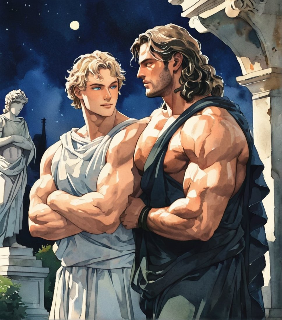 two men characters of the same height, two male, 1man and 1man are near each other, one man has dark brown long hair, the man character has short blond hair, blue eyes, clothing toga, mature, handsome, muscule, mature, muscular, beefy, masculine, charming, alluring,  affectionate eyes, lookat viewer, (perfect anatomy), perfect proportions, best quality, in the garden of statues, colours of stones, in the evening, they are surrounded by the ruined remains of stone fences, next to them there is a beautiful marble white antique sculpture, no greenery, dark evening lighting, masterpiece, high_resolution, dutch angle, cowboy shot, garden of statues background, watercolor, soft linear,txznf,flat style