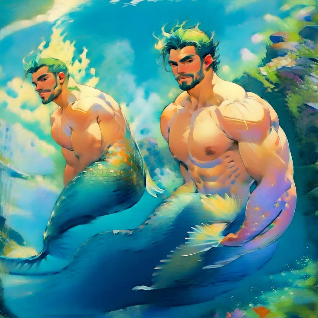 mermaid men are swimming in blue water, mature, handsome, muscle, beefy, masculine, charming, alluring, affectionate eyes, lookat viewer, (perfect anatomy), perfect proportions, best quality, masterpiece, high_resolution, Dutch angle, cowboy shot, watercolor,mermaid 