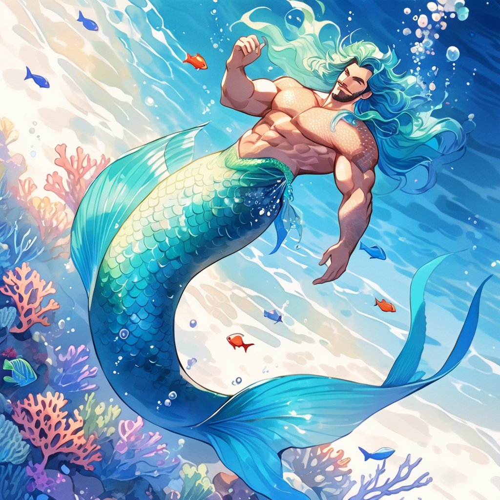 ((best quality)), ((masterpiece)), (detailed), ((perfect face)), male, broad shouldered men, adult, european handsome faces, ((two mermen)), two cheerful mermen are swimming, two merfolks, full bodies, adult, long hair, lean and huge muscular body, finned ears, fins, tail glows slightly with luminous scales, very long mermaid tails, bioluminescent, markings along his body, bright saturated, multicolor, coloring in anime style, interesting seascape, fish, corals, beautiful turquoise clear water, light penetrating through the water, perfect light, anime,watercolor