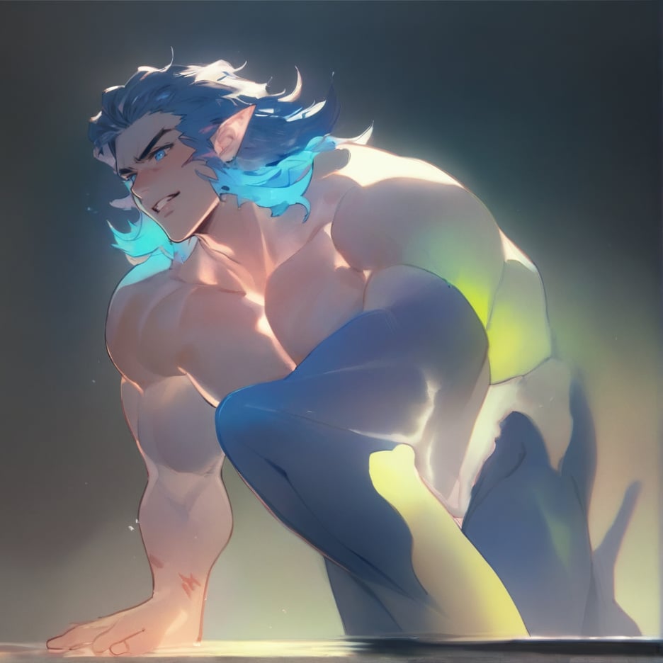 ((best quality)), ((masterpiece)), (detailed), ((perfect face)), male, full bodies, body builder men, huge muscular, european handsome face, two cheerful mermen are swimming, two merfolks, adult, long hair, lean and muscular body, finned ears, fins, tail glows slightly with luminous scales, very long mermaid tails, bioluminescent, markings along his body,watercolor, multicolor, perfect light