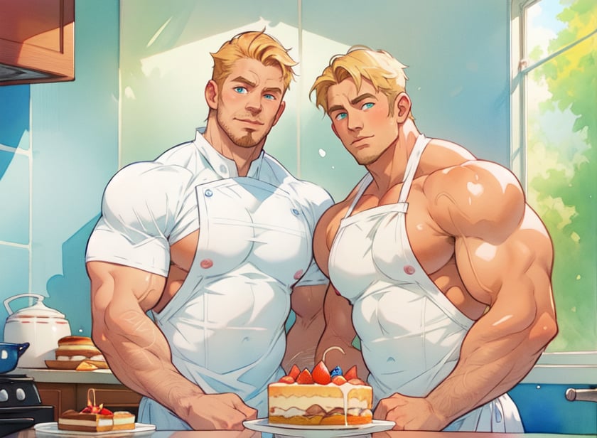 two men (two male), the one man has dark brown long hair, the other man character has short blond hair, blue eyes, they are eating cake, comfortable kitchen, motning, light color predominates, mature, handsome, muscle, mature, muscular, beefy, masculine, charming, alluring, affectionate eyes, lookat viewer, (perfect anatomy), perfect proportions, best quality, white colors, masterpiece, high_resolution, Dutch angle, cowboy shot, kitchen background, watercolor, soft linear, simple colors, no shadows, no shading, black contour line