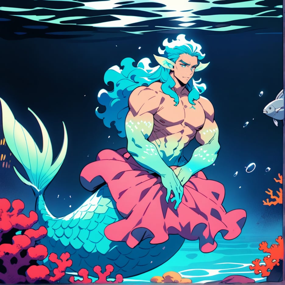 ((best quality)), ((masterpiece)), (detailed), ((perfect face)), male, broad shouldered men, european handsome faces, ((two mermen)), two cheerful mermen are swimming, two merfolks, full bodies, adult, long hair, lean and huge muscular body, finned ears, fins, tail glows slightly with luminous scales, very long mermaid tails, bioluminescent, markings along his body, bright saturated, multicolor, coloring in anime style, interesting seascape, fish, corals, beautiful turquoise clear water, light penetrating through the water, perfect light,