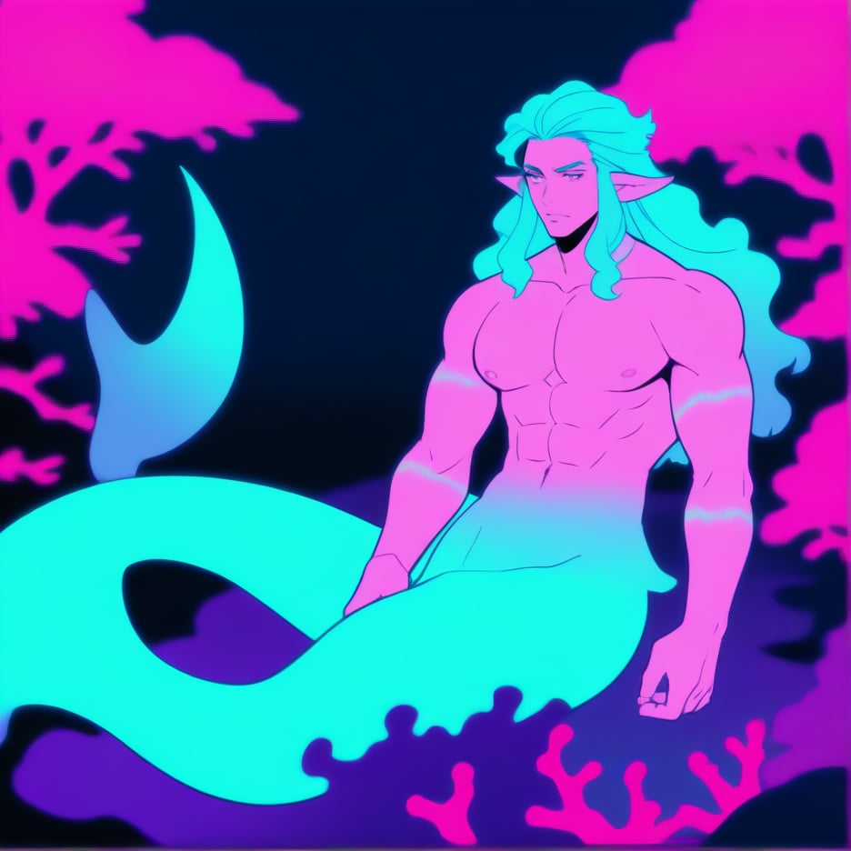 ((best quality)), ((masterpiece)), (detailed), ((perfect face)), male, broad shouldered men, european handsome faces, ((two mermen)), two cheerful mermen are swimming, two merfolks, full bodies, adult, long hair, lean and huge muscular body, finned ears, fins, tail glows slightly with luminous scales, very long mermaid tails, bioluminescent, markings along his body, bright saturated, multicolor, coloring in anime style, interesting seascape, fish, corals, beautiful turquoise clear water, light penetrating through the water, perfect light,,<lora:659095807385103906:1.0>