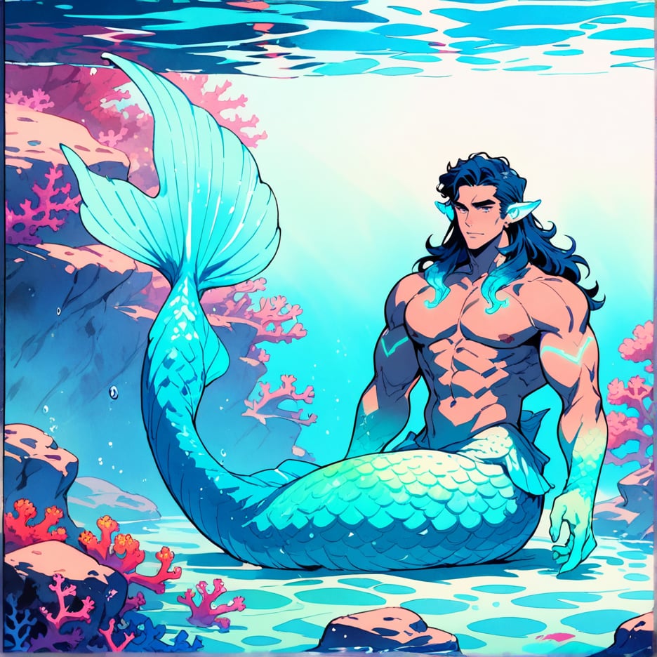 ((best quality)), ((masterpiece)), (detailed), ((perfect face)), male, broad shouldered men, european handsome faces, ((two mermen)), two cheerful mermen are swimming, two merfolks, full bodies, adult, long hair, lean and huge muscular body, finned ears, fins, tail glows slightly with luminous scales, very long mermaid tails, bioluminescent, markings along his body, bright saturated watercolor, multicolor, coloring in anime style, interesting seascape, fish, corals, beautiful turquoise clear water, light penetrating through the water, perfect light,more detail,emo