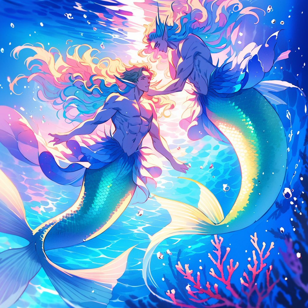 ((best quality)), ((masterpiece)), (detailed), ((perfect face)), male, broad shouldered men, adult, european handsome faces, ((two mermen)), two cheerful mermen are swimming, two merfolks, full bodies, adult, long hair, lean and huge muscular body, finned ears, fins, tail glows slightly with luminous scales, very long mermaid tails, bioluminescent, markings along his body, bright saturated, multicolor, coloring in anime style, interesting seascape, fish, corals, beautiful turquoise clear water, light penetrating through the water, perfect light, anime,watercolor