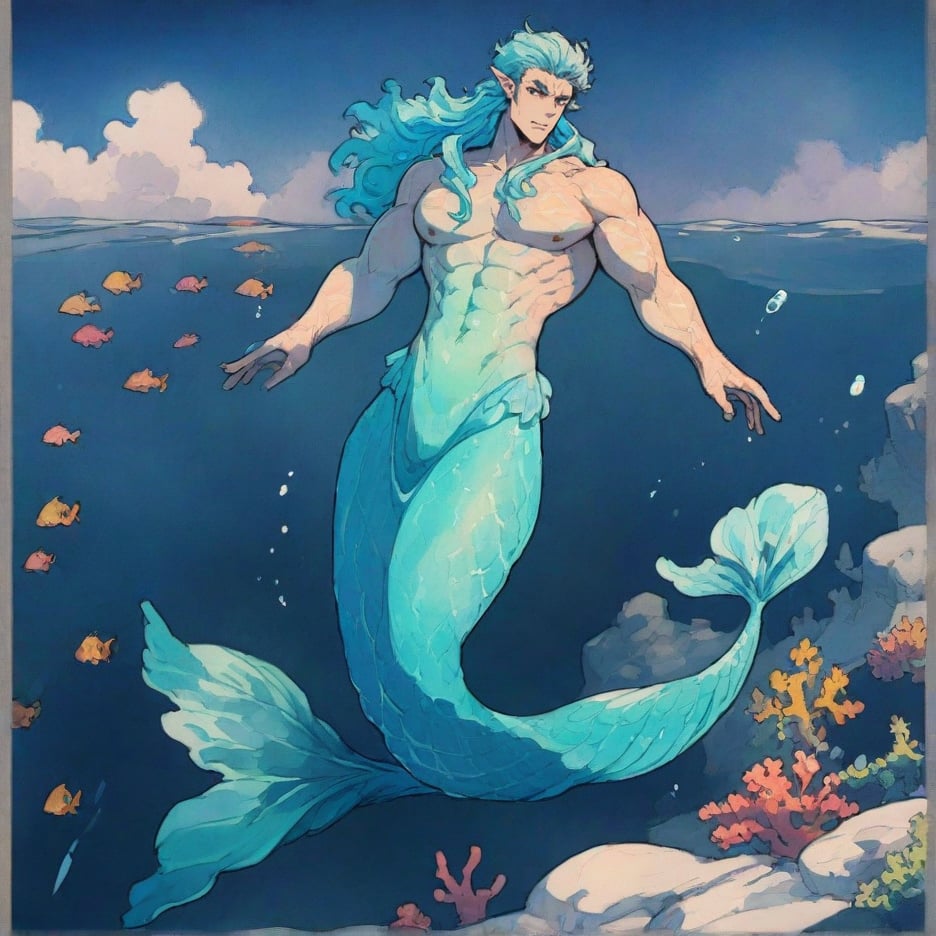 ((best quality)), ((masterpiece)), (detailed), ((perfect face)), male, broad shouldered men, european handsome faces, ((two mermen)), two cheerful mermen are swimming, two merfolks, full bodies, adult, long hair, lean and huge muscular body, finned ears, fins, tail glows slightly with luminous scales, very long mermaid tails, bioluminescent, markings along his body, bright saturated watercolor, multicolor, coloring in anime style, interesting seascape, fish, corals, beautiful turquoise clear water, light penetrating through the water, perfect light,more detail XL