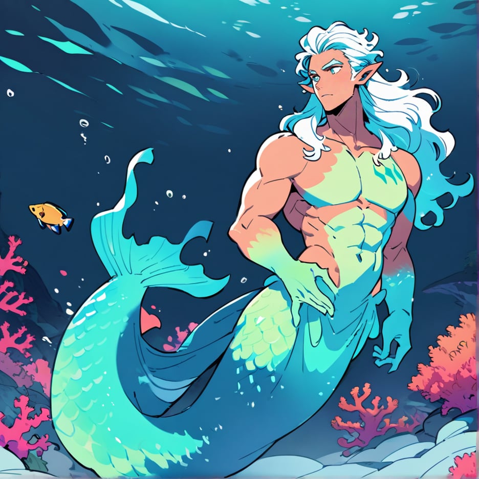 ((best quality)), ((masterpiece)), (detailed), ((perfect face)), male, broad shouldered men, european handsome faces, ((two mermen)), two cheerful mermen are swimming, two merfolks, full bodies, adult, long hair, lean and huge muscular body, finned ears, fins, tail glows slightly with luminous scales, very long mermaid tails, bioluminescent, markings along his body, bright saturated, multicolor, coloring in anime style, interesting seascape, fish, corals, beautiful turquoise clear water, light penetrating through the water, perfect light