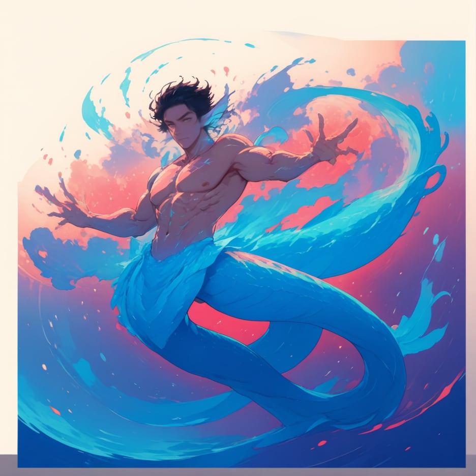 ((best quality)), ((masterpiece)), (detailed), ((perfect face)), male, full bodies, broad shouldered men, european handsome face, two cheerful mermen are swimming, adult, lean and muscular body, finned ears, fins, tail glows slightly with luminous scales, very long mermaid tails, bioluminescent, markings along his body,watercolor, multicolor, perfect light,<lora:659095807385103906:1.0>