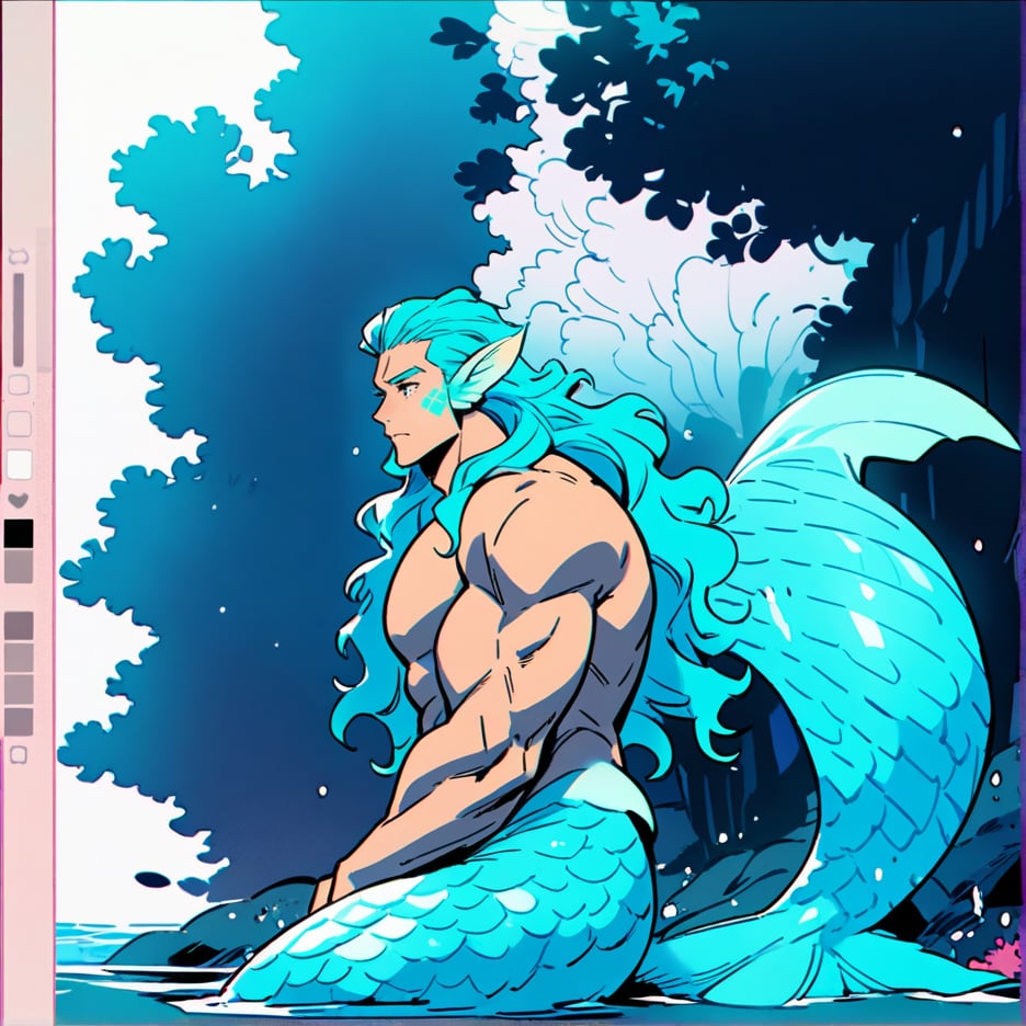 ((best quality)), ((masterpiece)), (detailed), ((perfect face)), male, broad shouldered men, european handsome faces, ((two mermen)), two cheerful mermen are swimming, two merfolks, full bodies, adult, long hair, lean and huge muscular body, finned ears, fins, tail glows slightly with luminous scales, very long mermaid tails, bioluminescent, markings along his body, bright saturated, multicolor, coloring in anime style, interesting seascape, fish, corals, beautiful turquoise clear water, light penetrating through the water, perfect light