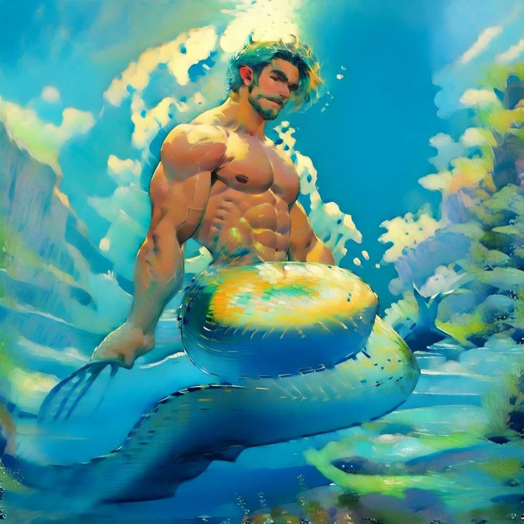 mermaid men are swimming in blue water, mature, handsome, muscle, beefy, masculine, charming, alluring, affectionate eyes, lookat viewer, (perfect anatomy), perfect proportions, best quality, masterpiece, high_resolution, Dutch angle, cowboy shot, watercolor,mermaid,aacoco,hmnl,siren_core, Oil painting