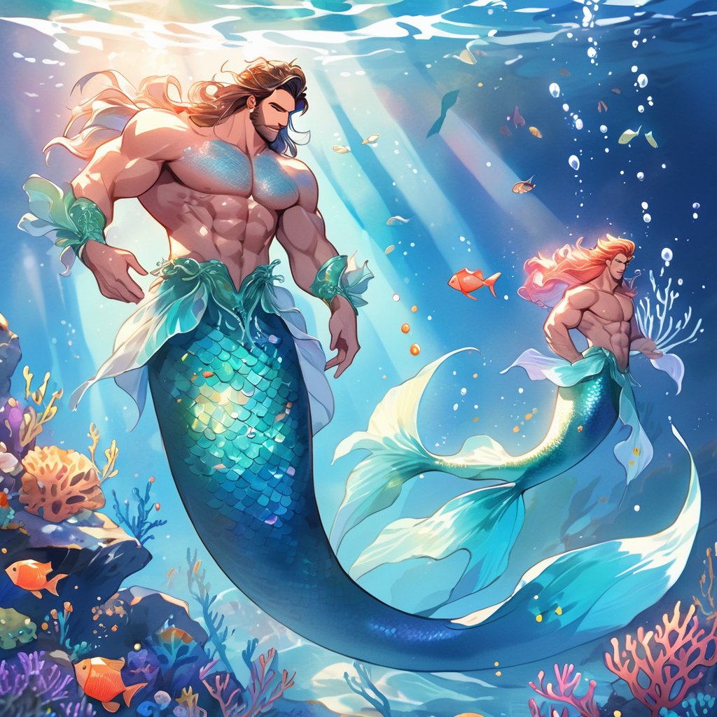 ((best quality)), ((masterpiece)), (detailed), ((perfect face)), male, broad shouldered men, adult, european handsome faces, ((two mermen)), two cheerful mermen are swimming, two merfolks, full bodies, adult, long hair, lean and huge muscular body, finned ears, fins, tail glows slightly with luminous scales, very long mermaid tails, bioluminescent, markings along his body, bright saturated, multicolor, coloring in anime style, interesting seascape, fish, corals, beautiful turquoise clear water, light penetrating through the water, perfect light, anime,watercolor