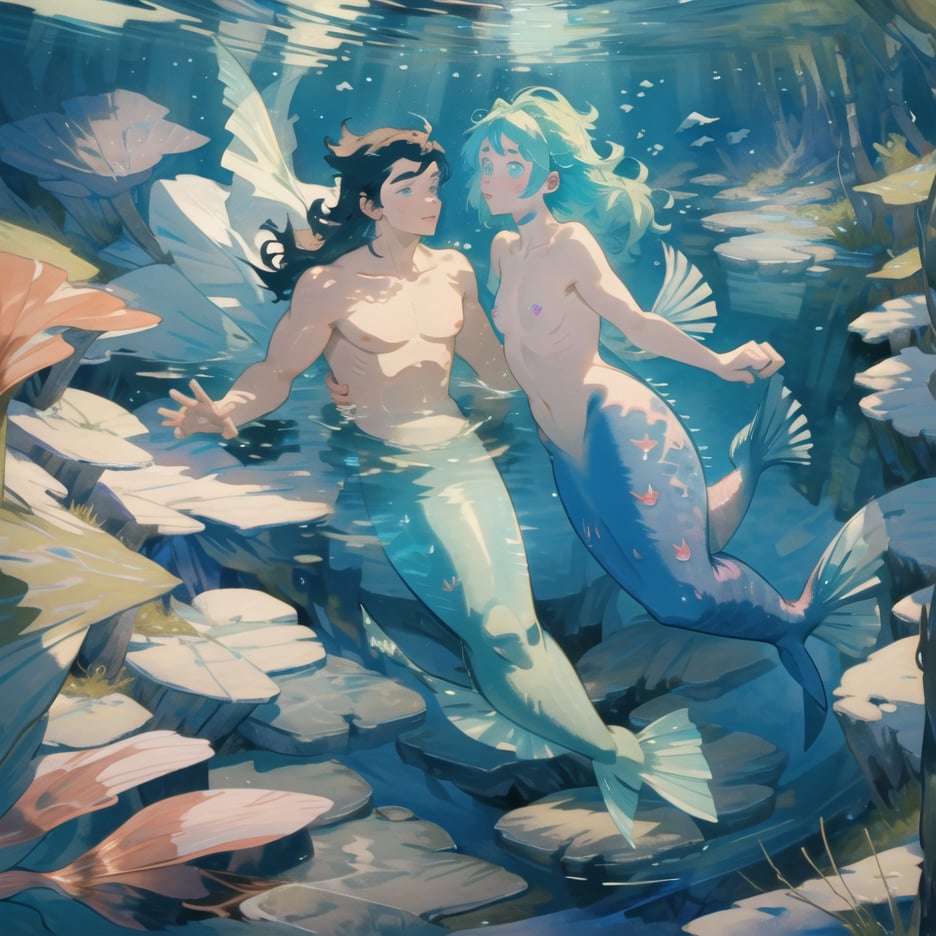 ((best quality)), ((masterpiece)), (detailed), ((perfect face)), male, two mermen are swimming, two merfolks, lean and muscular body, finned ears, fins, tail glows slightly with luminous scales, very long mermaid tail, bioluminescent, markings along his body,watercolor,perfect light