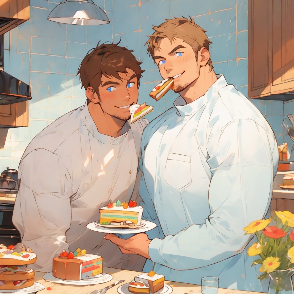 two men (two male), the one man has dark brown (dark hair) long hair, the other man character has short blond hair, blue eyes, they are eating cake, comfortable kitchen, motning, light color predominates, mature, handsome, 
 charming, alluring, affectionate eyes, lookat viewer, (perfect anatomy), perfect proportions, best quality, masterpiece, high_resolution, Dutch angle, cowboy shot, kitchen background, simple colors, 