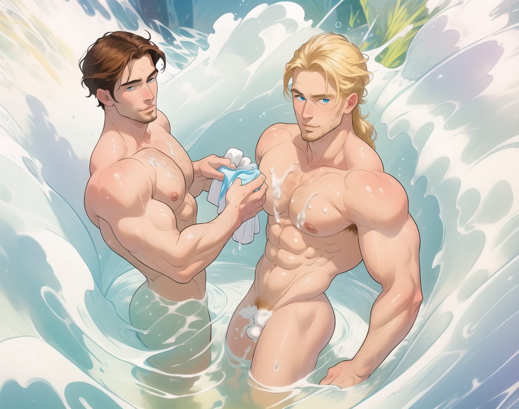 two men (two male), the one man has dark brown (dark hair) long hair, the other man character has short blond hair, blue eyes, they are in the bath in the water, there is foam on the water and there is a lot of foam around, rainbow soap bubbles are flying, white color predominates, no clothing, mature, handsome, muscle, mature, muscular , beefy, masculine, charming, alluring, affectionate eyes, lookat viewer, (perfect anatomy), perfect proportions, best quality, in the bathroom, in the morning, they are surrounded by soap foam, masterpiece, high_resolution, Dutch angle, cowboy shot, bathroom background