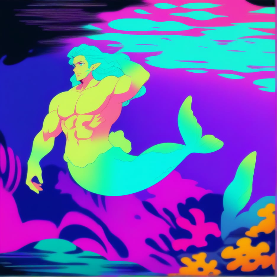 ((best quality)), ((masterpiece)), (detailed), ((perfect face)), male, broad shouldered men, european handsome faces, ((two mermen)), two cheerful mermen are swimming, two merfolks, full bodies, adult, long hair, lean and huge muscular body, finned ears, fins, tail glows slightly with luminous scales, very long mermaid tails, bioluminescent, markings along his body, bright saturated, multicolor, coloring in anime style, interesting seascape, fish, corals, beautiful turquoise clear water, light penetrating through the water, perfect light,,<lora:659095807385103906:1.0>