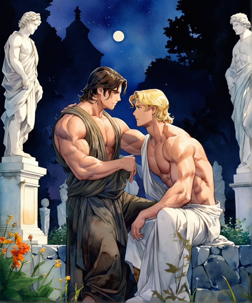 two men characters of the same height, two male, 1man and 1man are near each other, one man has dark brown long hair, the man character has short blond hair, blue eyes, clothing toga, mature, handsome, muscule, mature, muscular, beefy, masculine, charming, alluring,  affectionate eyes, lookat viewer, (perfect anatomy), perfect proportions, best quality, in the garden of statues, colours of stones, in the evening, they are surrounded by the ruined remains of stone fences, next to them there is a beautiful marble white antique sculpture, no greenery, dark evening lighting, masterpiece, high_resolution, dutch angle, cowboy shot, garden of statues background, watercolor,comic book, linear