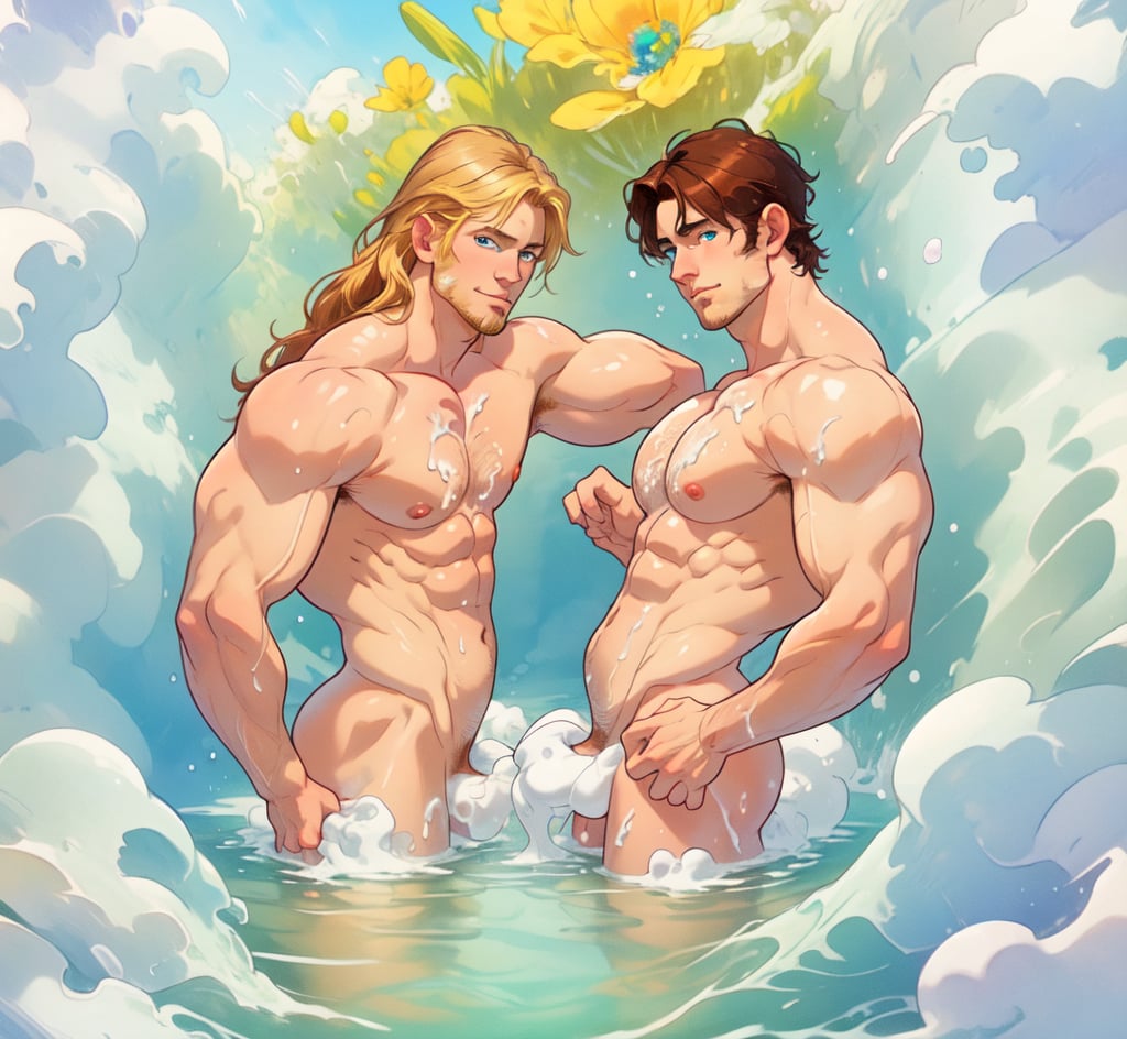 two men (two male), the one man has dark brown (dark hair) long hair, the other man character has short blond hair, blue eyes, they are in the bath in the water, there is foam on the water and there is a lot of foam around, rainbow soap bubbles are flying, white color predominates, no clothing, mature, handsome, muscle, mature, muscular , beefy, masculine, charming, alluring, affectionate eyes, lookat viewer, (perfect anatomy), perfect proportions, best quality, in the bathroom, in the morning, they are surrounded by soap foam, masterpiece, high_resolution, Dutch angle, cowboy shot, bathroom background