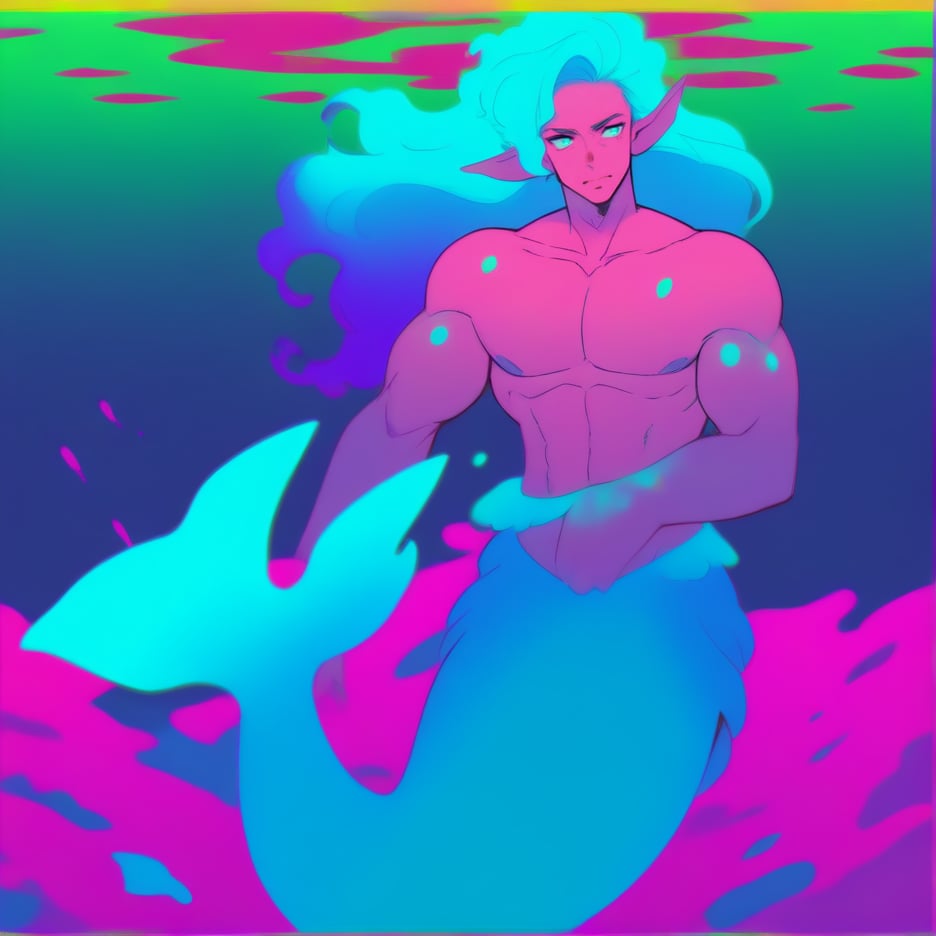 ((best quality)), ((masterpiece)), (detailed), ((perfect face)), male, broad shouldered men, european handsome faces, ((two mermen)), two cheerful mermen are swimming, two merfolks, full bodies, adult, long hair, lean and huge muscular body, finned ears, fins, tail glows slightly with luminous scales, very long mermaid tails, bioluminescent, markings along his body, bright saturated, multicolor, coloring in anime style, interesting seascape, fish, corals, beautiful turquoise clear water, light penetrating through the water, perfect light,,<lora:659095807385103906:1.0>