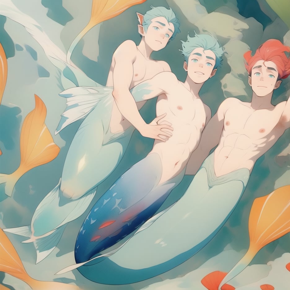 ((best quality)), ((masterpiece)), (detailed), ((perfect face)), male, two mermen are swimming, two merfolks, lean and muscular body, finned ears, fins, tail glows slightly with luminous scales, very long mermaid tail, bioluminescent, markings along his body,watercolor,perfect light