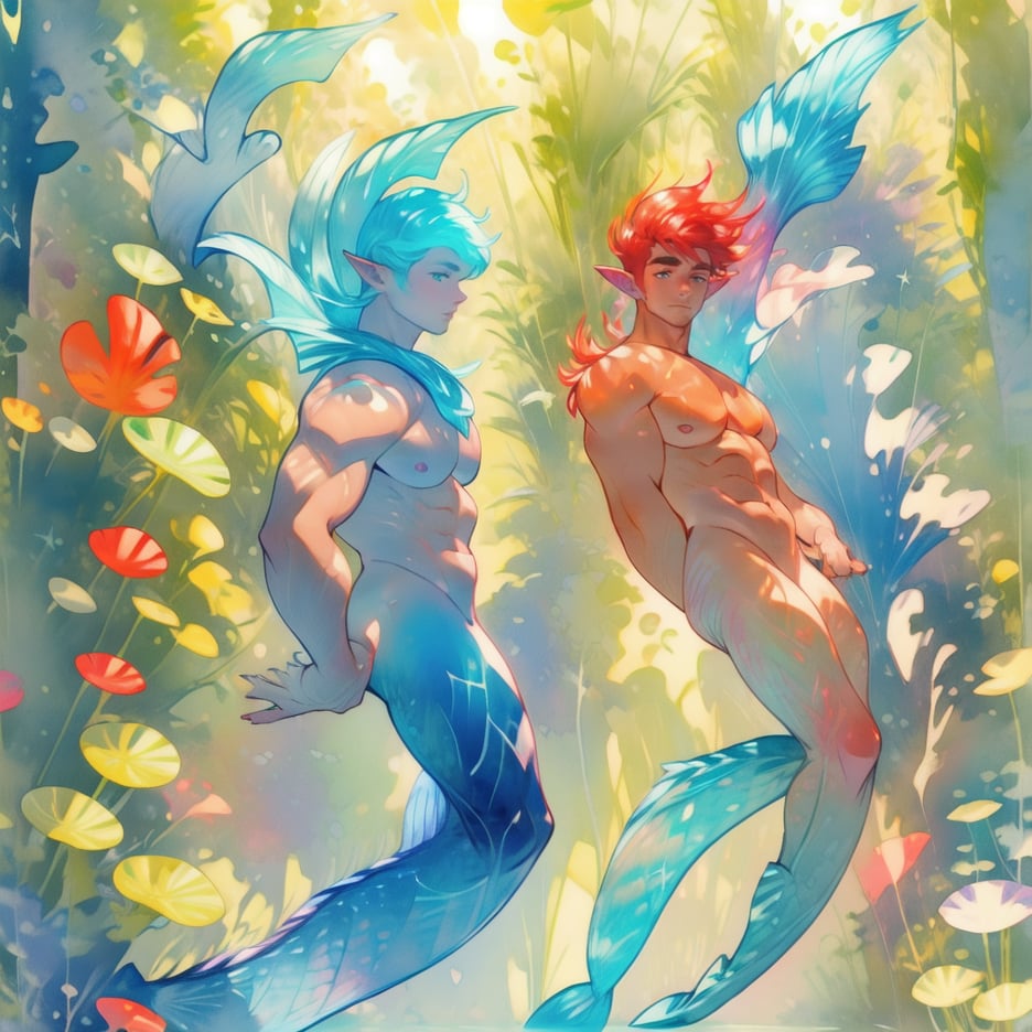 ((best quality)), ((masterpiece)), (detailed),  ((perfect face)), male,  two mermen are swimming, two merfolks, lean and muscular body, finned ears, fins, tail glows slightly with luminous scales, very long mermaid tail, bioluminescent, markings along his body,watercolor,perfect light,,<lora:659111690174031528:1.0>