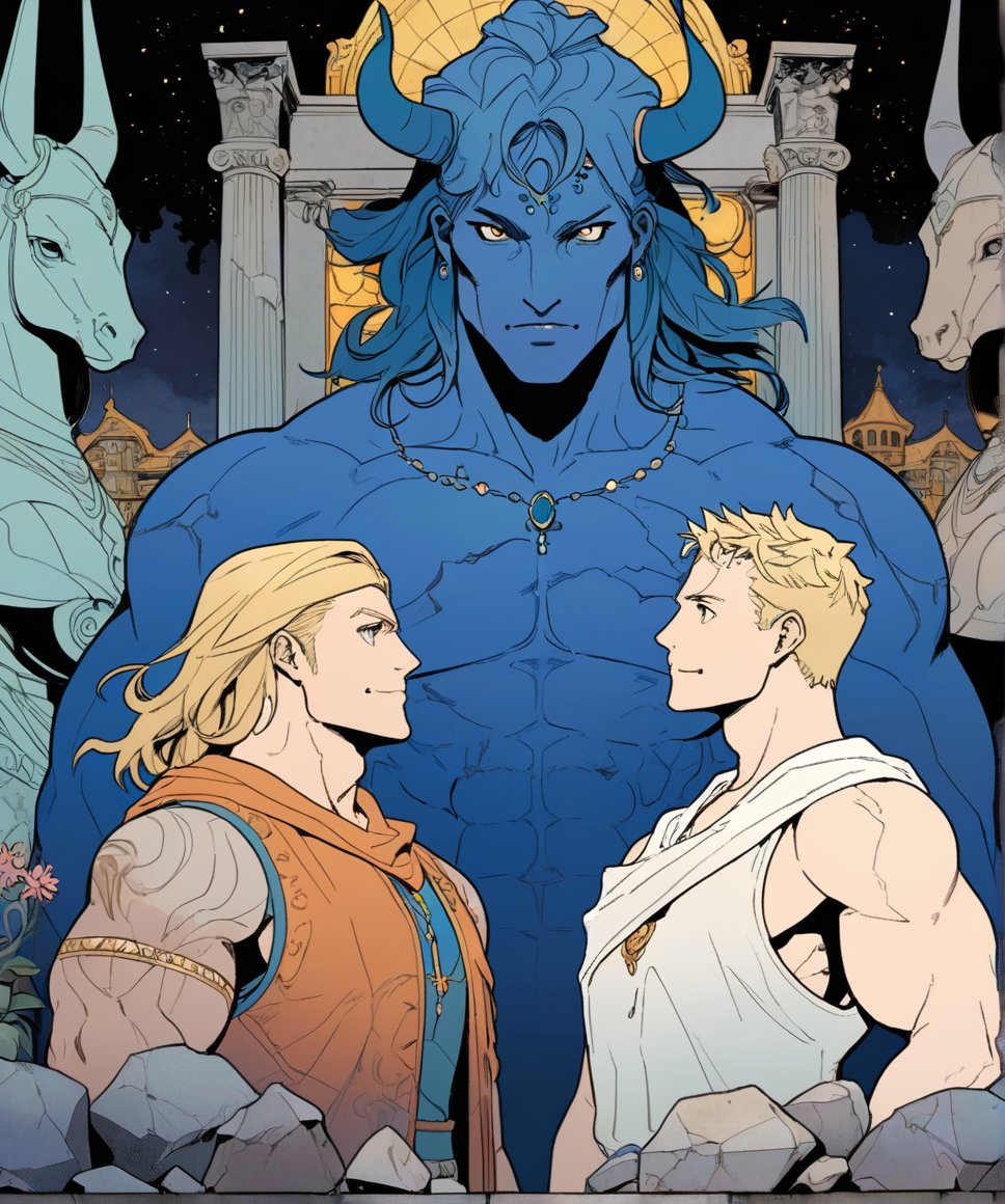 two men characters of the same height, two male, 1man and 1man are near each other, one man has dark brown long hair, the man character has short blond hair, blue eyes, clothing toga, mature, handsome, muscule, mature, muscular, beefy, masculine, charming, alluring,  affectionate eyes, lookat viewer, (perfect anatomy), perfect proportions, best quality, in the garden of statues, colours of stones, in the evening, they are surrounded by the ruined remains of stone fences, next to them there is a beautiful marble white antique sculpture, no greenery, dark evening lighting, masterpiece, high_resolution, dutch angle, cowboy shot, garden of statues background, watercolor,comic book, linear,bold line,muscular_female