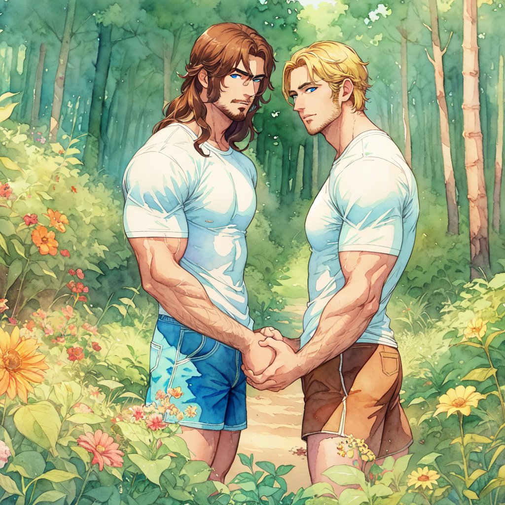 two men characters of the same height, two male, 1man and 1man are hold hands each other, one man has dark brown long hair, the man character has short blond hair, blue eyes, t-shirt, shorts, mature, handsome, muscule, mature, muscular, beefy, masculine, charming, alluring,  affectionate eyes, lookat viewer, (perfect anatomy), perfect proportions, best quality, masterpiece, high_resolution, dutch angle, cowboy shot, forest background, watercolor