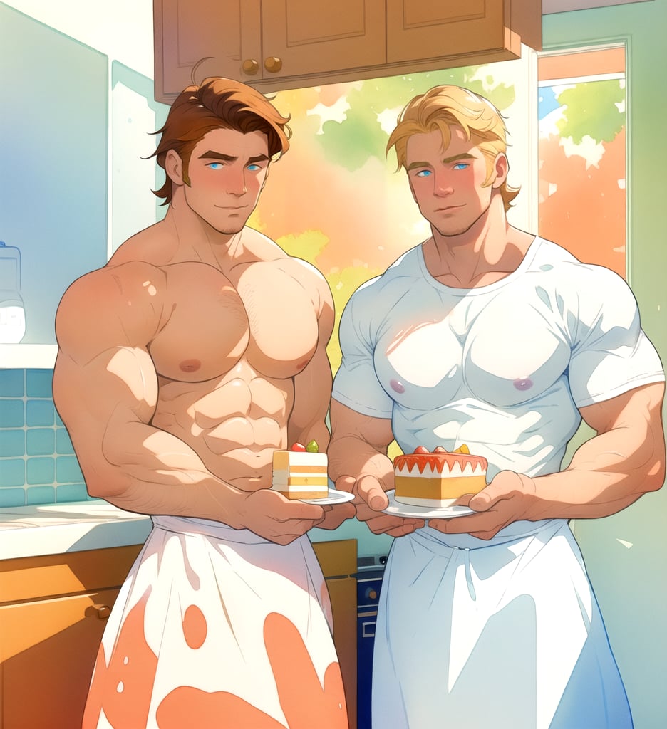 two men (two male), the one man has dark brown long hair, the other man character has short blond hair, blue eyes, they are eating cake, comfortable kitchen, motning, light color predominates, mature, handsome, muscle, mature, muscular, beefy, masculine, charming, alluring, affectionate eyes, lookat viewer, (perfect anatomy), perfect proportions, best quality, white colors, masterpiece, high_resolution, Dutch angle, cowboy shot, kitchen background, watercolor, soft linear, simple colors, no shadows, no shading, black contour line