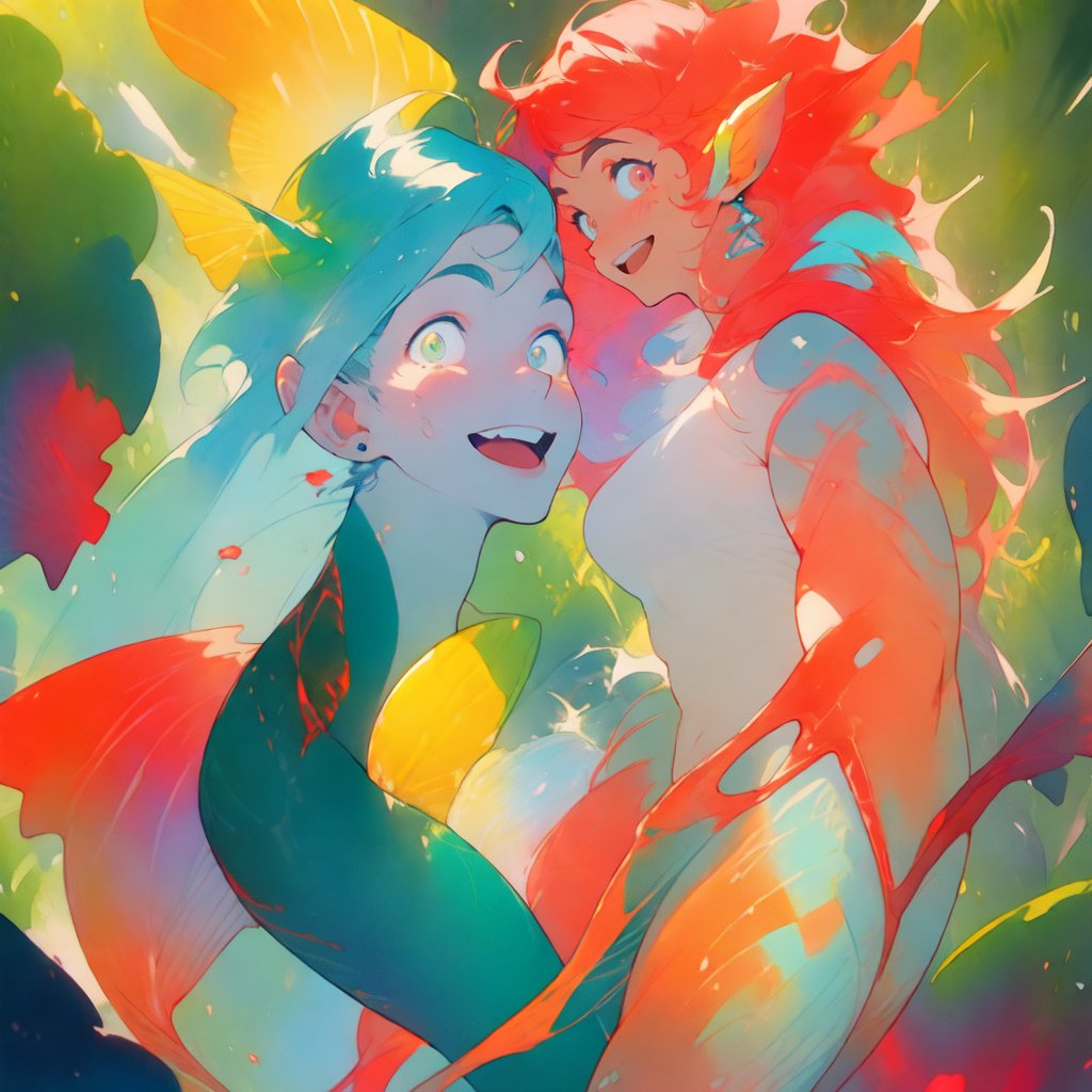  ((best quality)), ((masterpiece)), (detailed), ((perfect face)), male, two happy mermen are swimming, two merfolks, adult, long hair, lean and muscular body, finned ears, fins, tail glows slightly with luminous scales, very long mermaid tails, bioluminescent, markings along his body,watercolor, multicolor, perfect light,portrait