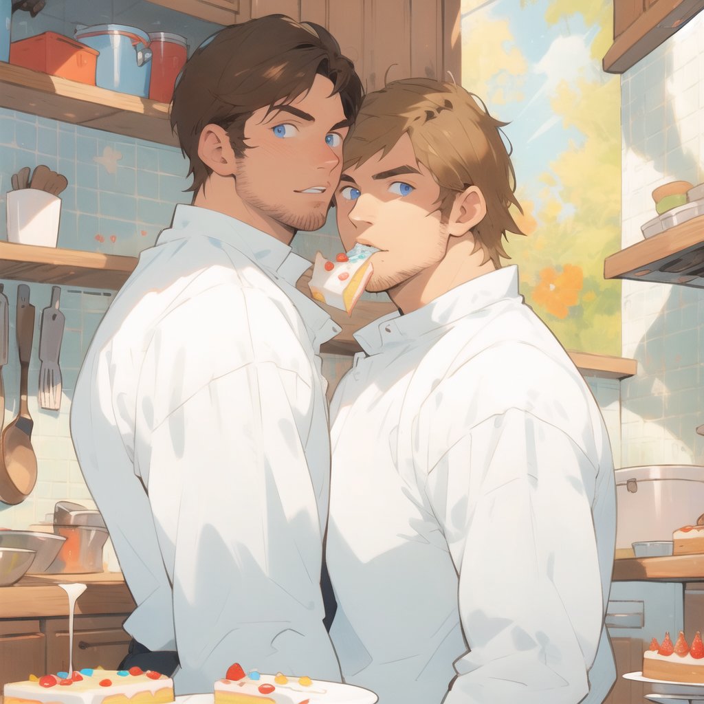 two men (two male), the one man has dark brown (dark hair) long hair, the other man character has short blond hair, blue eyes, they are eating cake, comfortable kitchen, motning, light color predominates, mature, handsome, 
 charming, alluring, affectionate eyes, lookat viewer, (perfect anatomy), perfect proportions, best quality, masterpiece, high_resolution, Dutch angle, cowboy shot, kitchen background, simple colors, ,cartoon