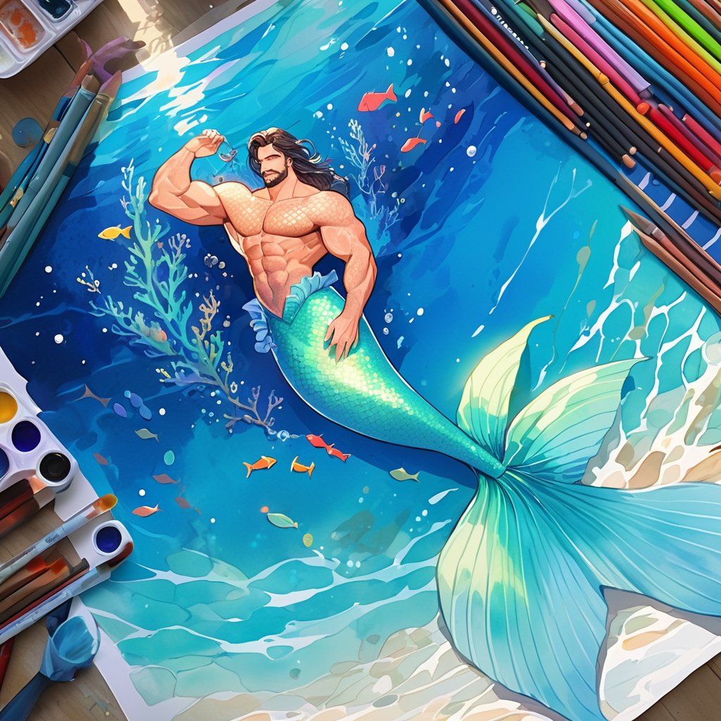 ((best quality)), ((masterpiece)), (detailed), ((perfect face)), male, broad shouldered men, adult, european handsome faces, ((two mermen)), two cheerful mermen are swimming, two merfolks, full bodies, adult, long hair, lean and huge muscular body, finned ears, fins, tail glows slightly with luminous scales, very long mermaid tails, bioluminescent, markings along his body, bright saturated, multicolor, coloring in anime style, interesting seascape, fish, corals, beautiful turquoise clear water, light penetrating through the water, perfect light, anime,watercolor