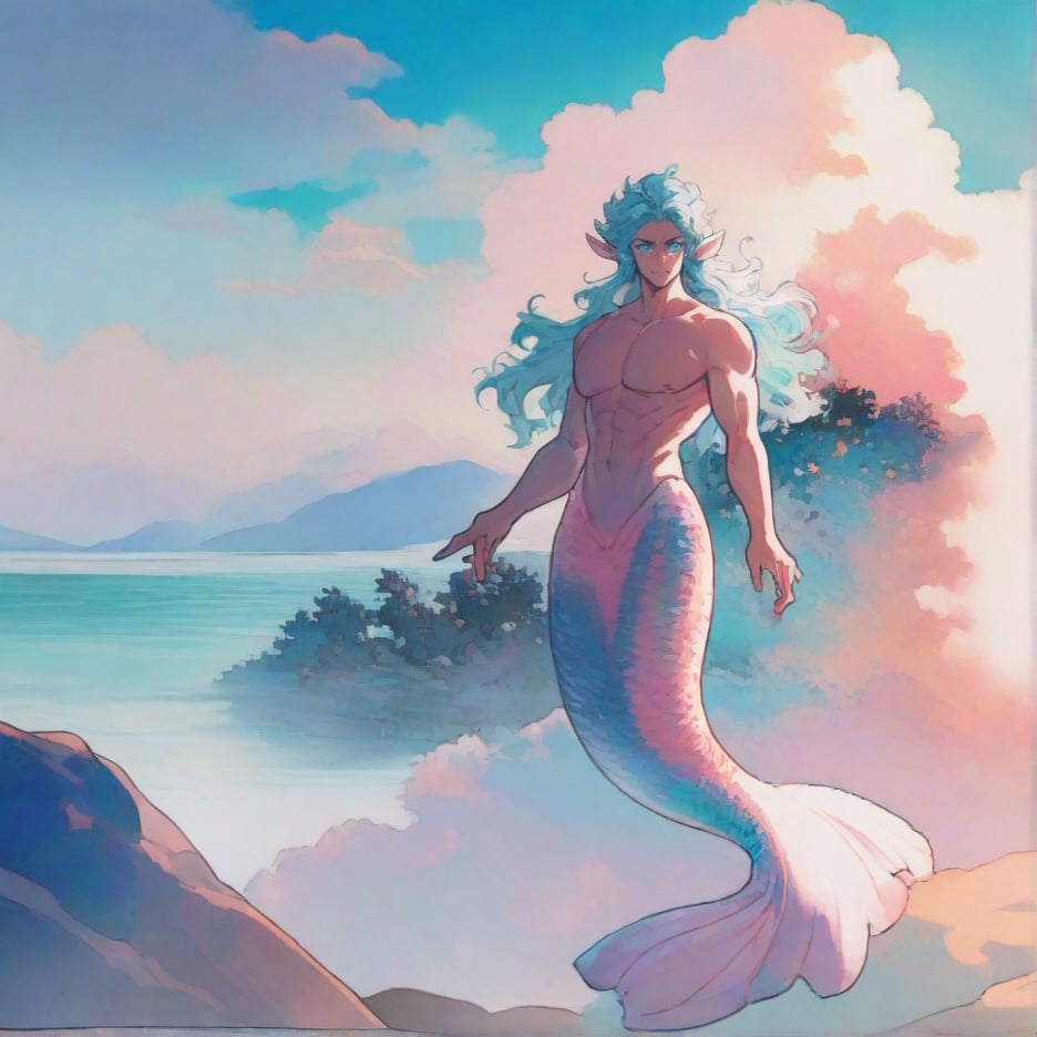 ((best quality)), ((masterpiece)), (detailed), ((perfect face)), male, broad shouldered men, european handsome faces, ((two mermen)), two cheerful mermen are swimming, two merfolks, full bodies, adult, long hair, lean and huge muscular body, finned ears, fins, tail glows slightly with luminous scales, very long mermaid tails, bioluminescent, markings along his body, bright saturated watercolor, multicolor, coloring in anime style, interesting seascape, fish, corals, beautiful turquoise clear water, light penetrating through the water, perfect light,more detail XL