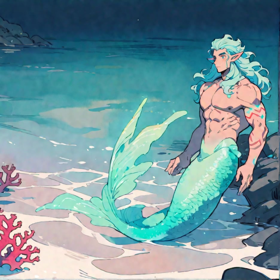 ((best quality)), ((masterpiece)), (detailed), ((perfect face)), male, broad shouldered men, european handsome faces, ((two mermen)), two cheerful mermen are swimming, two merfolks, full bodies, adult, long hair, lean and huge muscular body, finned ears, fins, tail glows slightly with luminous scales, very long mermaid tails, bioluminescent, markings along his body, bright saturated watercolor, multicolor, coloring in anime style, interesting seascape, fish, corals, beautiful turquoise clear water, light penetrating through the water, perfect light