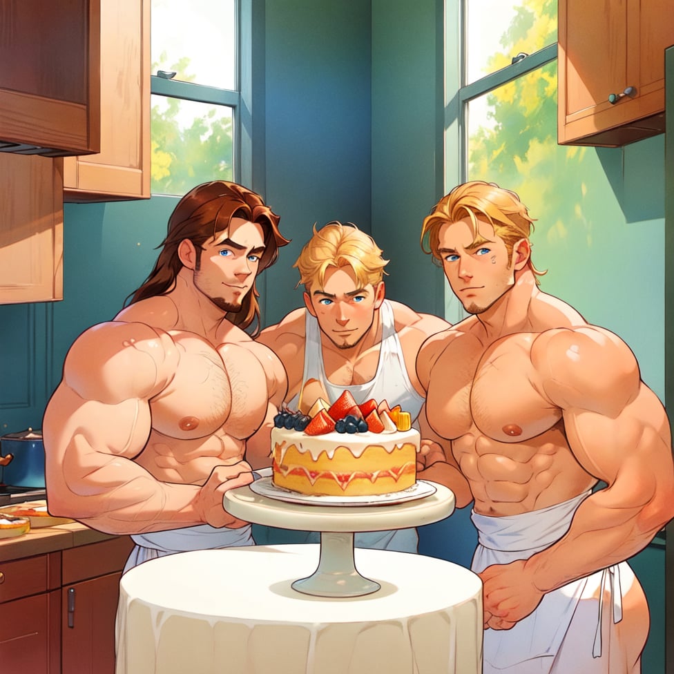 two men (two male), the one man has dark brown (dark hair) long hair, the other man character has short blond hair, blue eyes, they are eating cake, comfortable kitchen, motning, light color predominates, mature, handsome, muscle, mature, muscular, beefy, masculine, charming, alluring, affectionate eyes, lookat viewer, (perfect anatomy), perfect proportions, best quality, masterpiece, high_resolution, Dutch angle, cowboy shot, kitchen background, simple colors