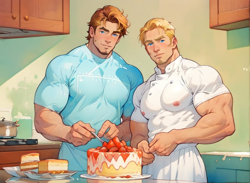 two men (two male), the one man has dark brown long hair, the other man character has short blond hair, blue eyes, they are eating cake, comfortable kitchen, motning, light color predominates, mature, handsome, muscle, mature, muscular, beefy, masculine, charming, alluring, affectionate eyes, lookat viewer, (perfect anatomy), perfect proportions, best quality, white colors, masterpiece, high_resolution, Dutch angle, cowboy shot, kitchen background, watercolor, soft linear, simple colors, no shadows, no shading, black contour line