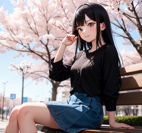 best quality, ultra details, In Tokyo, Japan, a high school girl with black long hair and crystal blue eye sits on a park bench watching cherry blossoms drift by.