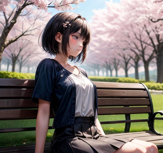 In vibrant Tokyo, Japan, a stunning high school girl with raven-black locks and crystalline blue eyes, adorned with subtle eye makeup, sits serenely on a weathered wooden park bench amidst a tapestry of blooming sakura trees. Cherry blossom petals dance lazily in the gentle breeze as she gazes wistfully at their ephemeral beauty, her profile bathed in warm sunlight filtering through the leafy canopy above.