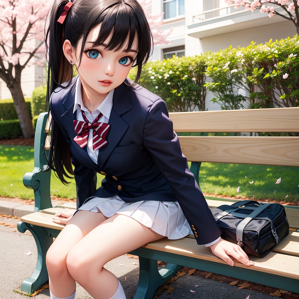 1girl, solo,((full body)),overhead view, long hair, looking at viewer, smile, bangs, blue eyes, skirt, black hair, long sleeves, bow, school uniform, jacket, pleated skirt, outdoors, day, socks, bowtie, tree, black jacket, feet out of frame, one side up, blazer, white skirt, cherry blossoms, bench,Realistic