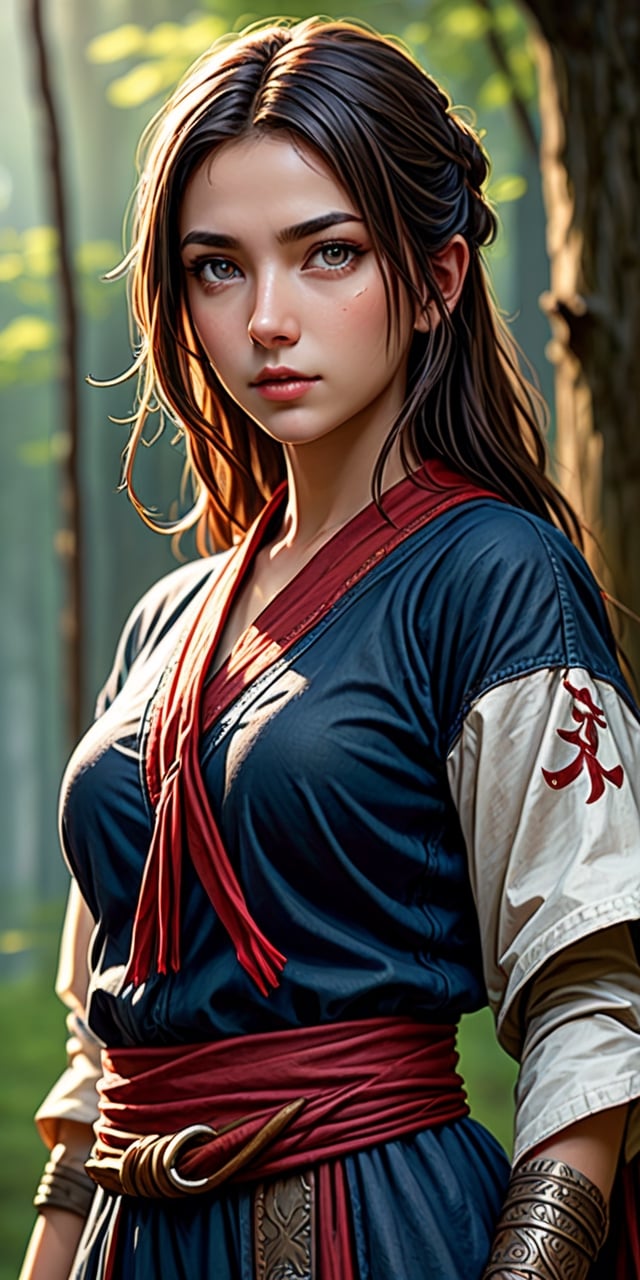 Natural Light, (Best Quality, highly detailed, Masterpiece), (beautiful and detailed eyes), (realistic detailed skin texture), (detailed hair), (Fantasy aesthetic style), (realistic light and shadow), (real and delicate background), ((cowboy shot)), (from high), shinobi, beautiful Indian girl, 23 year old,1girl, lotr elf, amber colored eyes, brown hair, A beautiful young elven ninja, clad in navy shinobi shozoku, with a red sash, stands confidently in a beautiful 
forest landscape.