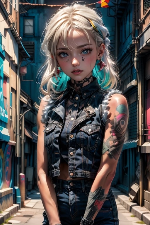 pretty woman perfect face denim vest black lips, light green eyes, tattoos, colorful alley background with graffiti
