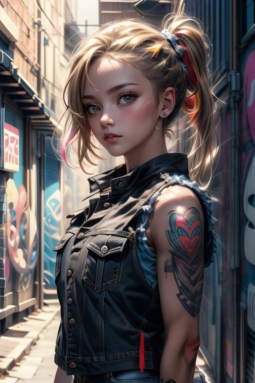 pretty woman perfect face denim vest black lips, light brown eyes, tattoos, colorful alley background with graffiti
